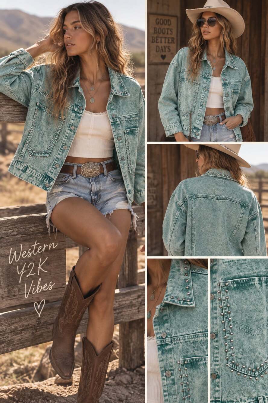 Davi & Dani Aqua Acid Wash Studded Denim Jacket Women’s M Western Y2K